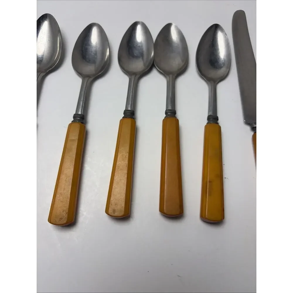 Vintage Butterscotch Bakelite Stainless Flatware 6 Teaspoon, 4 Knives,5 Spoons